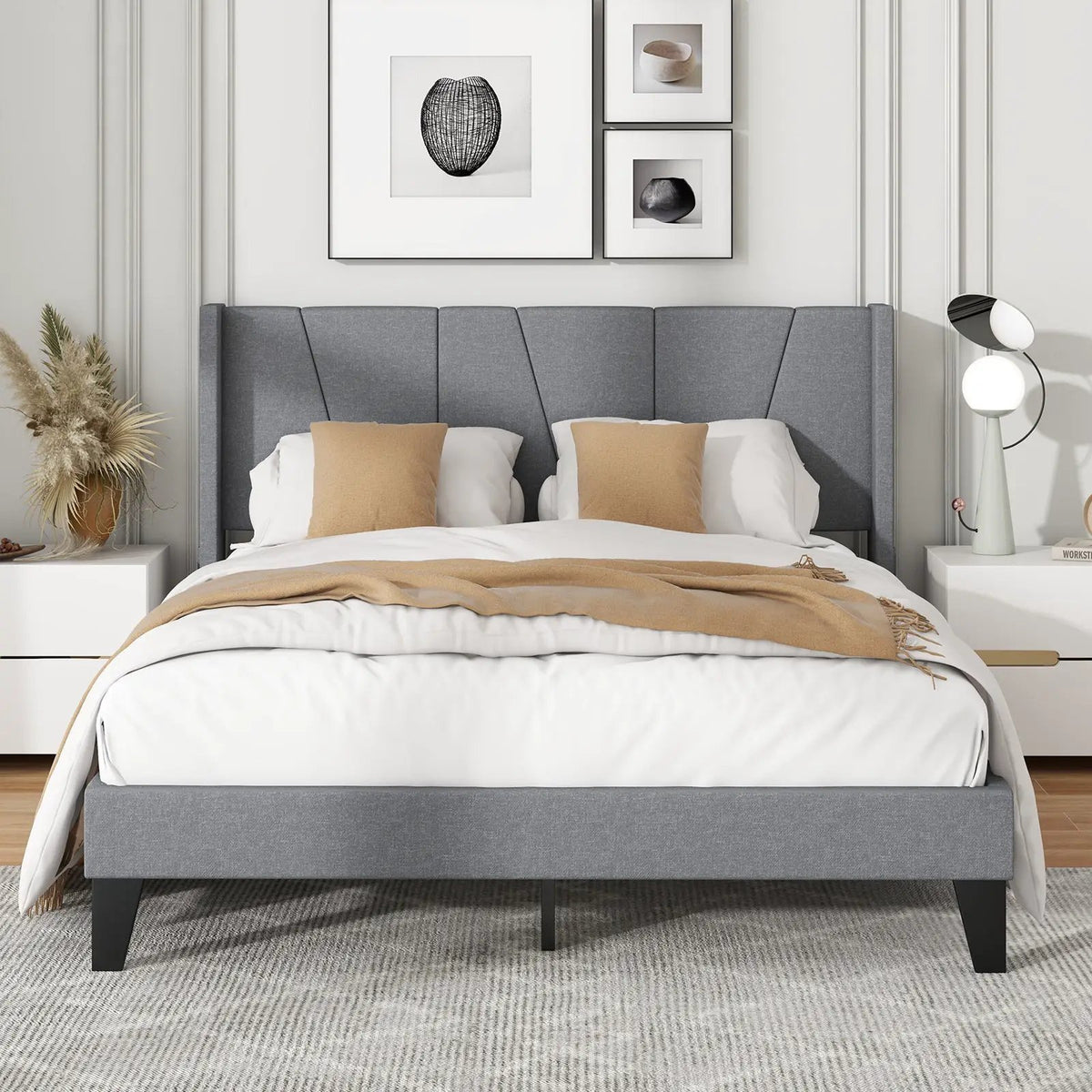 Full/Queen Size Bed Frame with Wingback Headboard and Wood Slat Support, photo 2 of 9
