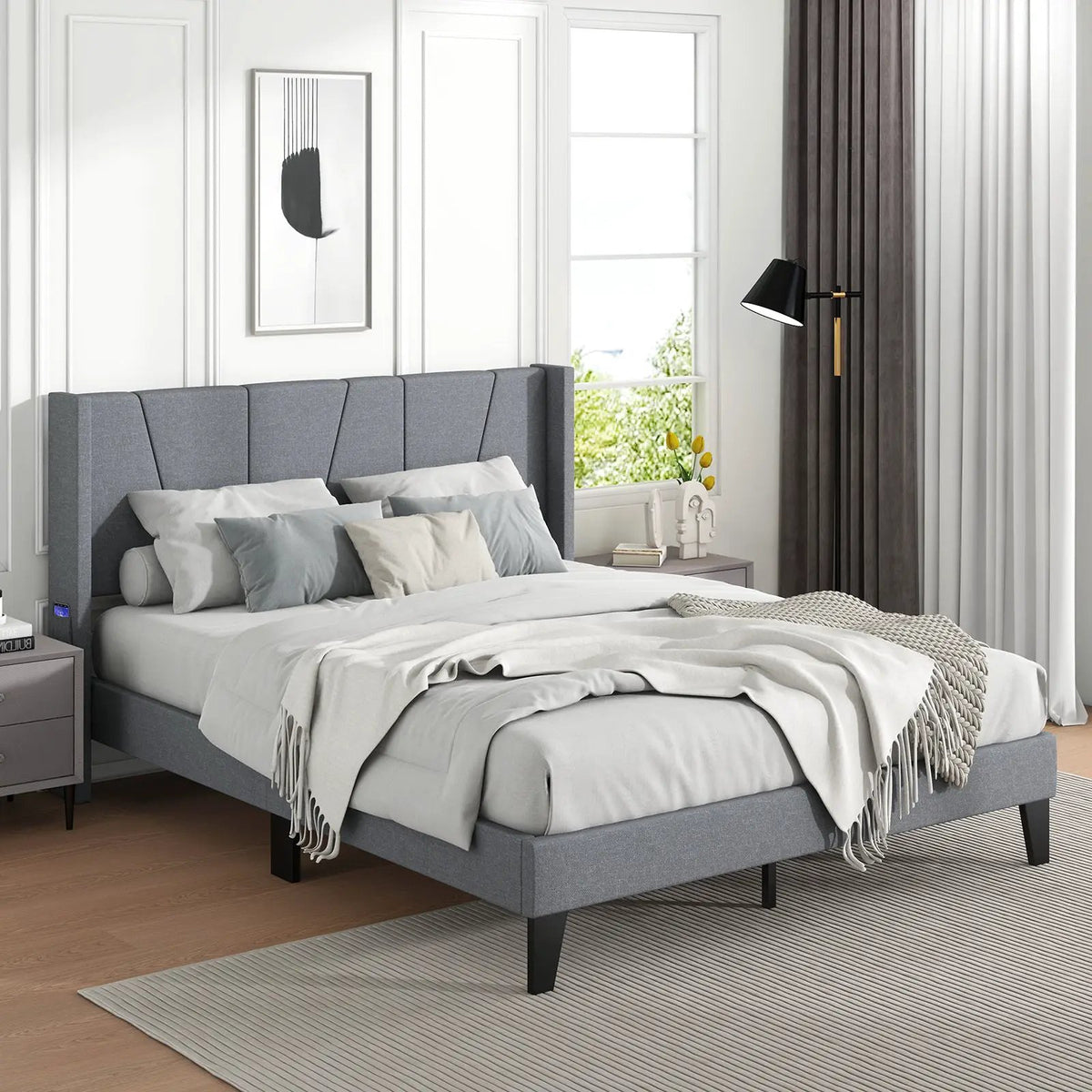 Full/Queen Size Bed Frame with Wingback Headboard and Wood Slat Support, photo 5 of 9