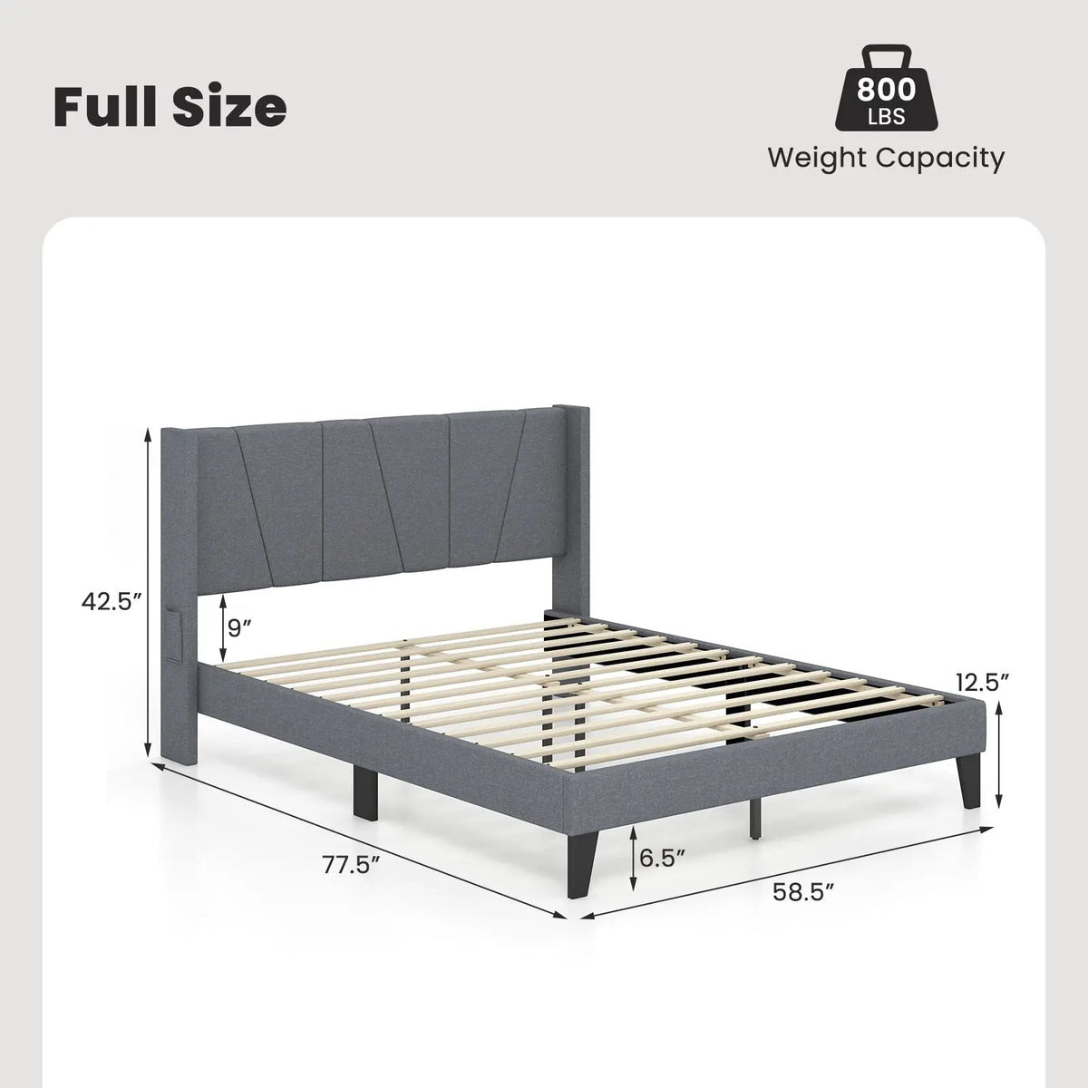 Full/Queen Size Bed Frame with Wingback Headboard and Wood Slat Support, photo 4 of 9