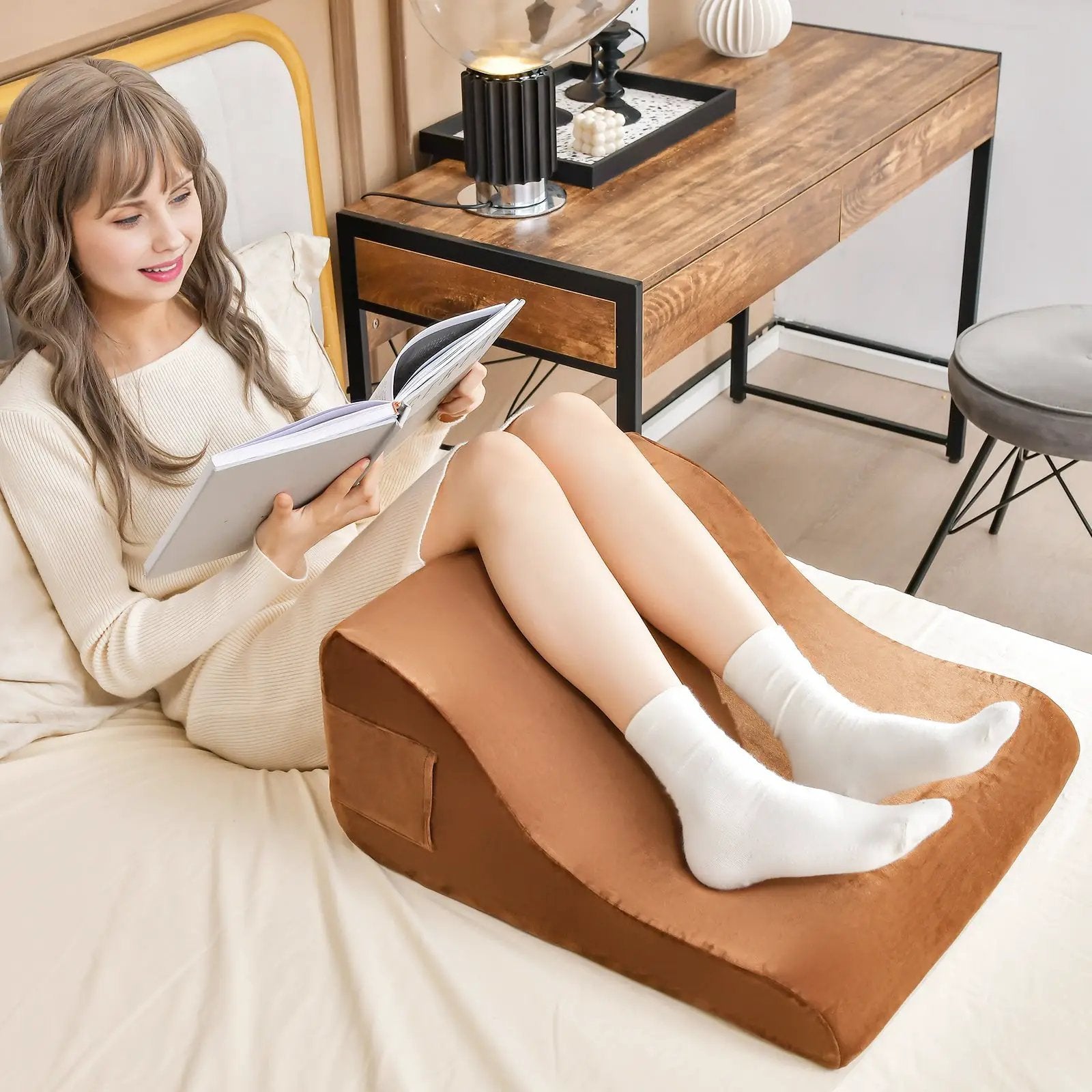 Bed Wedge Pillow with Tablet Pillow Stand and Side Pockets-Brown by DirectDeals