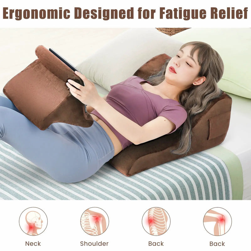 Bed Wedge Pillow with Tablet Pillow Stand and Side Pockets-Brown by DirectDeals