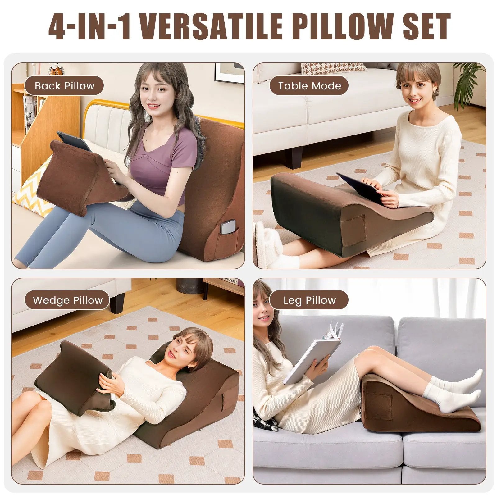 Bed Wedge Pillow with Tablet Pillow Stand and Side Pockets-Brown by DirectDeals