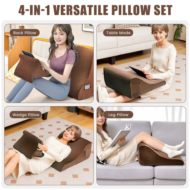 Bed Wedge Pillow with Tablet Pillow Stand and Side Pockets-Brown by DirectDeals