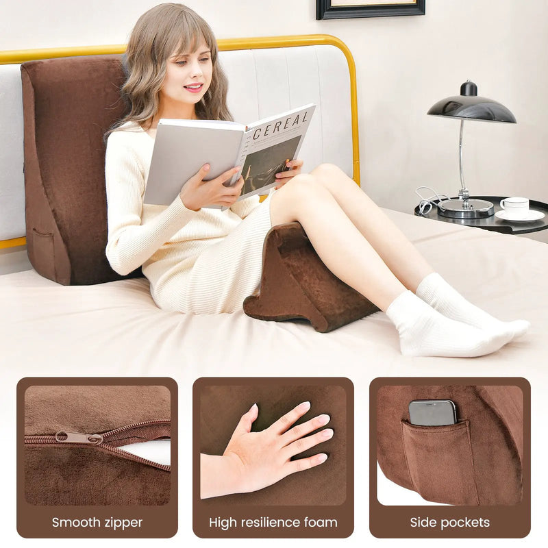 Bed Wedge Pillow with Tablet Pillow Stand and Side Pockets-Brown by DirectDeals