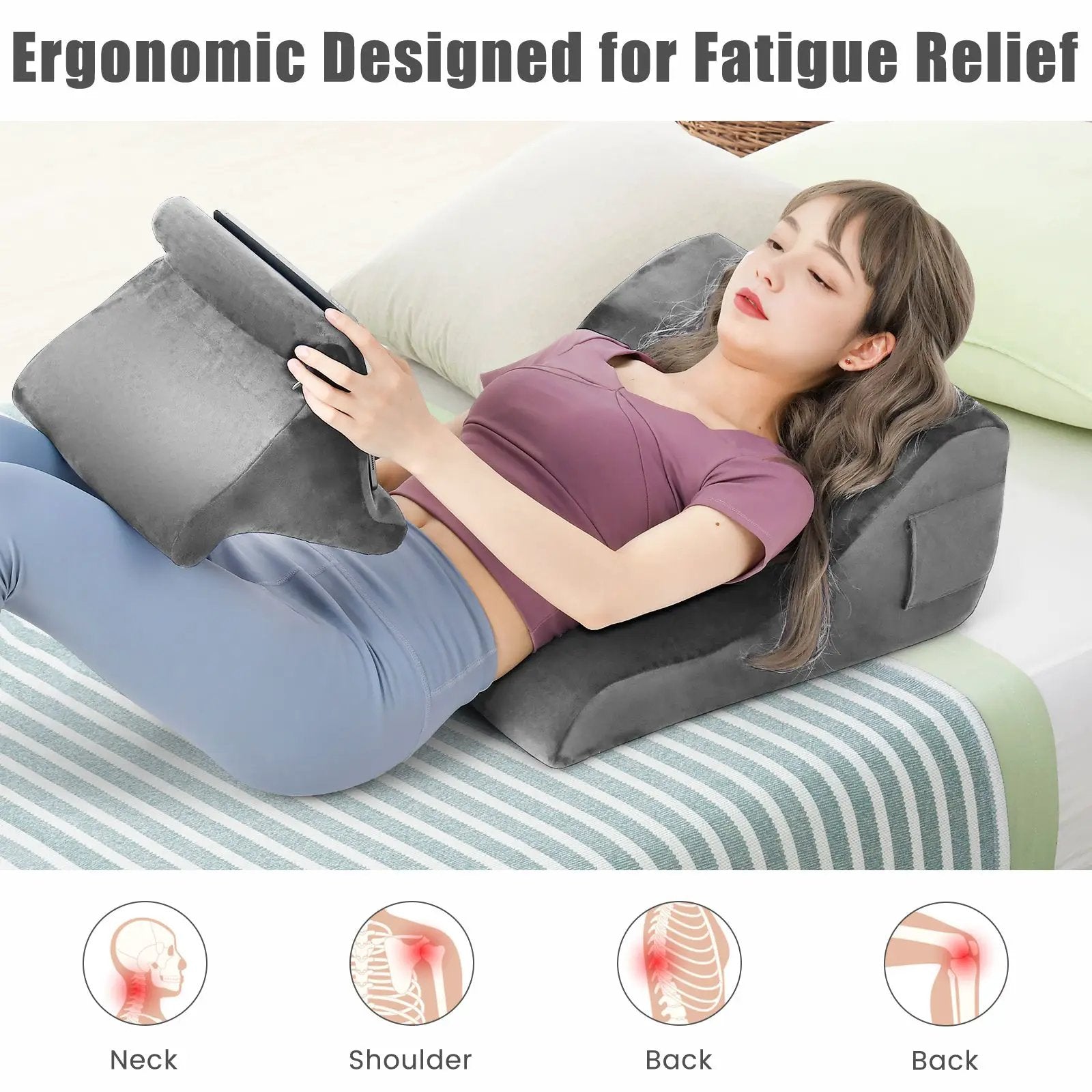 Bed Wedge Pillow with Tablet Pillow Stand and Side Pockets-Gray by DirectDeals