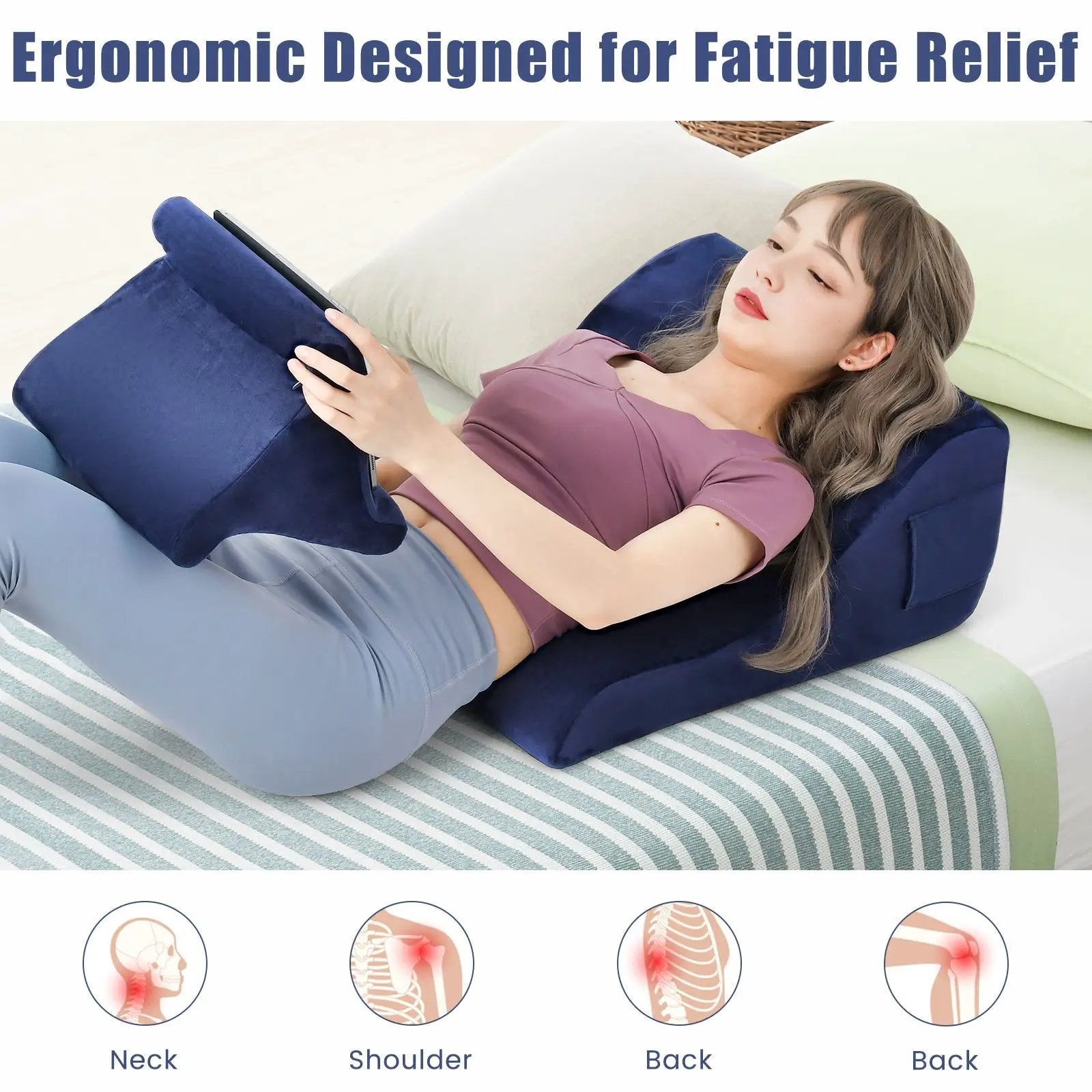 Bed Wedge Pillow with Tablet Pillow Stand and Side Pockets-Navy by DirectDeals