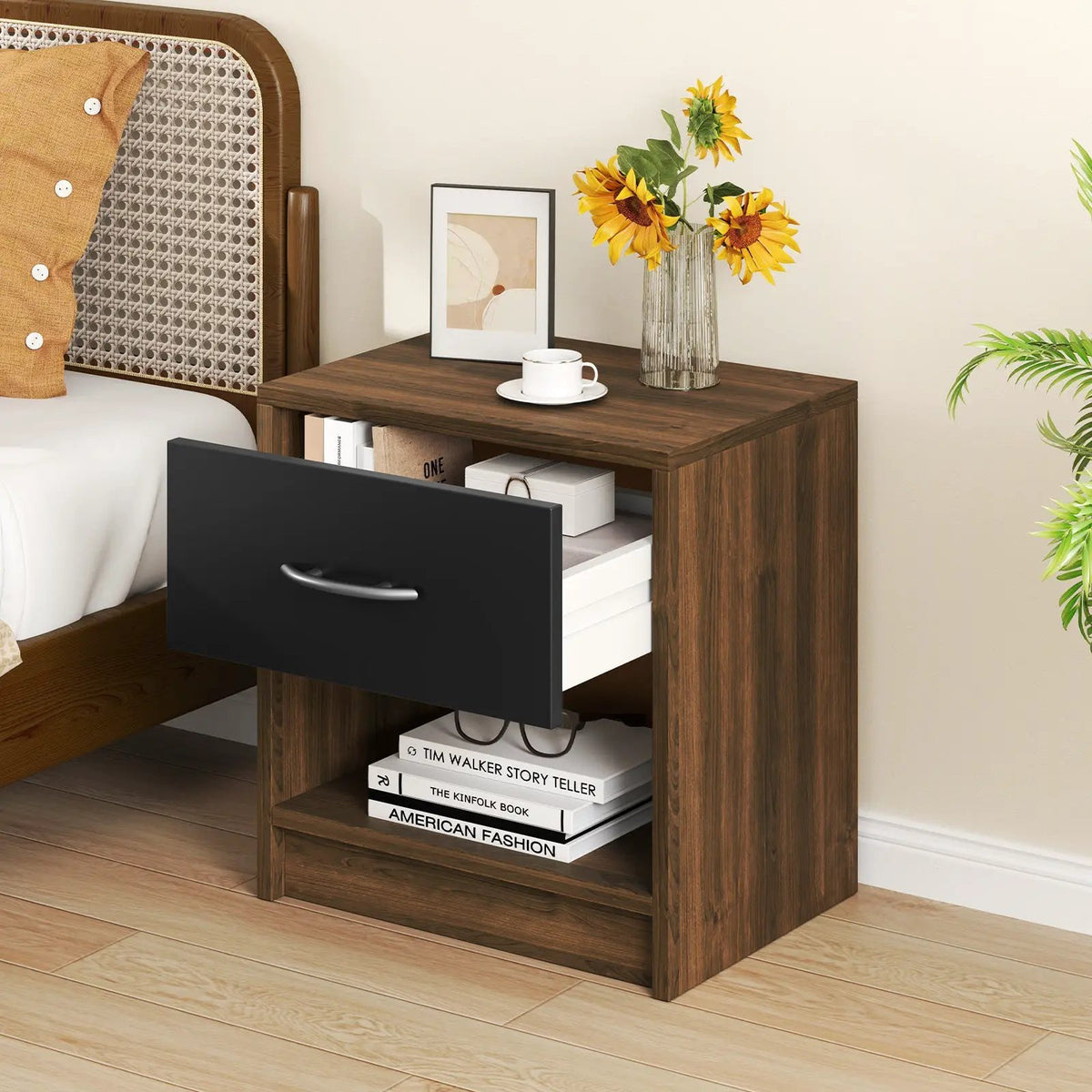 Bedside Table Nightstand with Drawer and Open Storage Shelf, photo 2 of 14