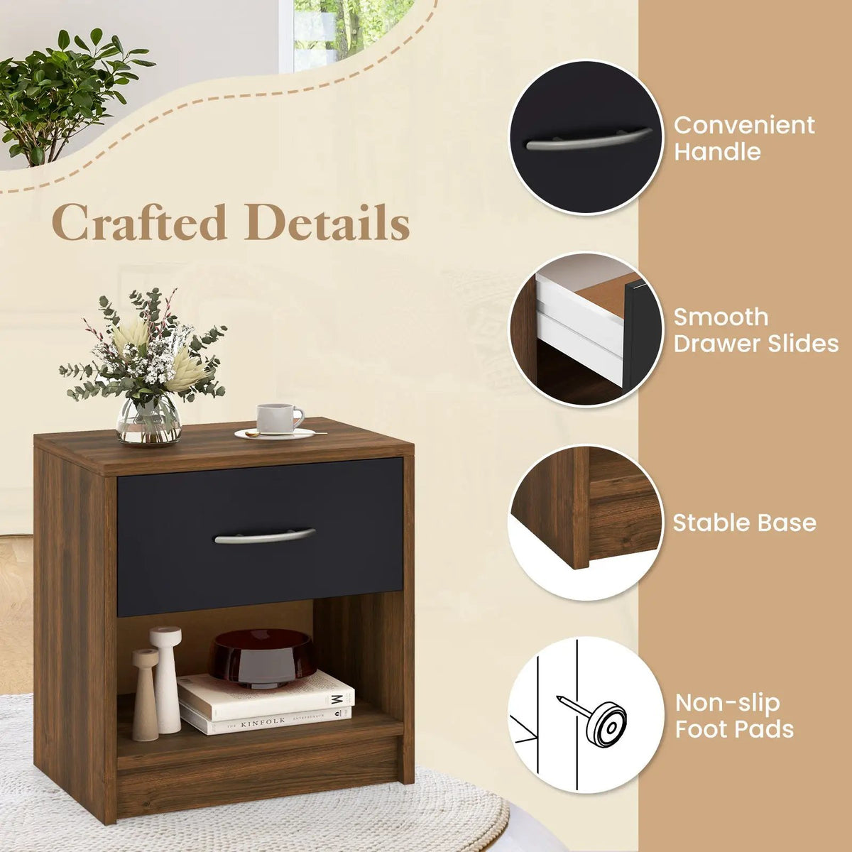Bedside Table Nightstand with Drawer and Open Storage Shelf, photo 8 of 14