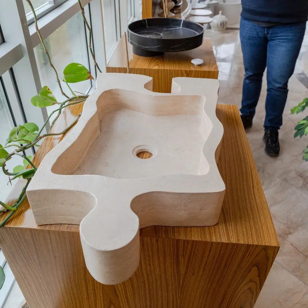 Natural Stone Beige Travertine Vessel Sink - Puzzle 16x27.5x6 by GobekDesign