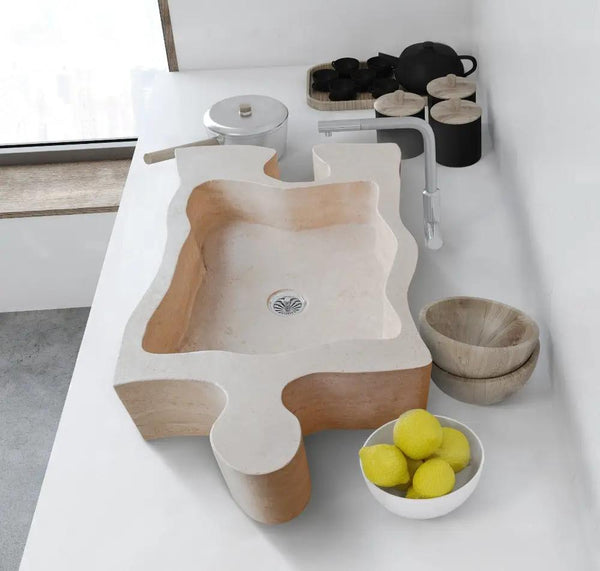 Natural Stone Beige Travertine Vessel Sink - Puzzle 16x27.5x6
