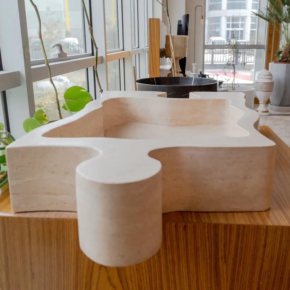 Natural Stone Beige Travertine Vessel Sink - Puzzle 16x27.5x6 by GobekDesign