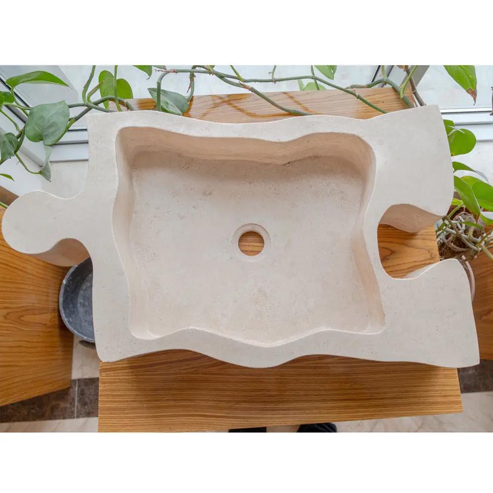 Natural Stone Beige Travertine Vessel Sink - Puzzle 16x27.5x6 by GobekDesign