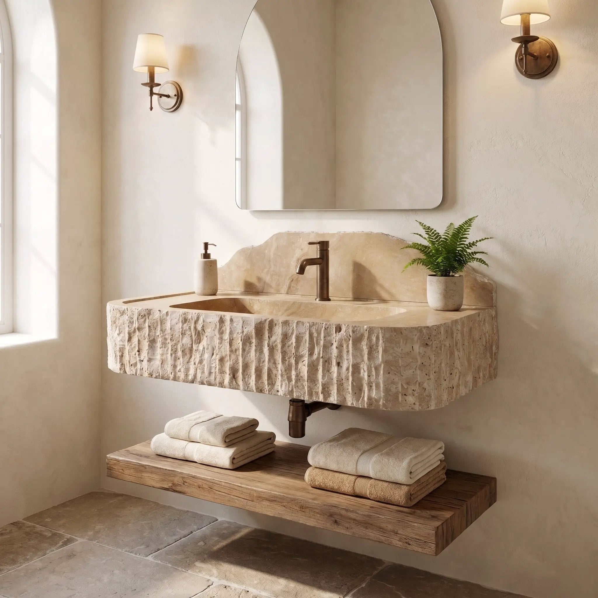 Beige Split-face Travertine Wall-Mount Vanity Sink 16x26 with backsplash by GMSTONE