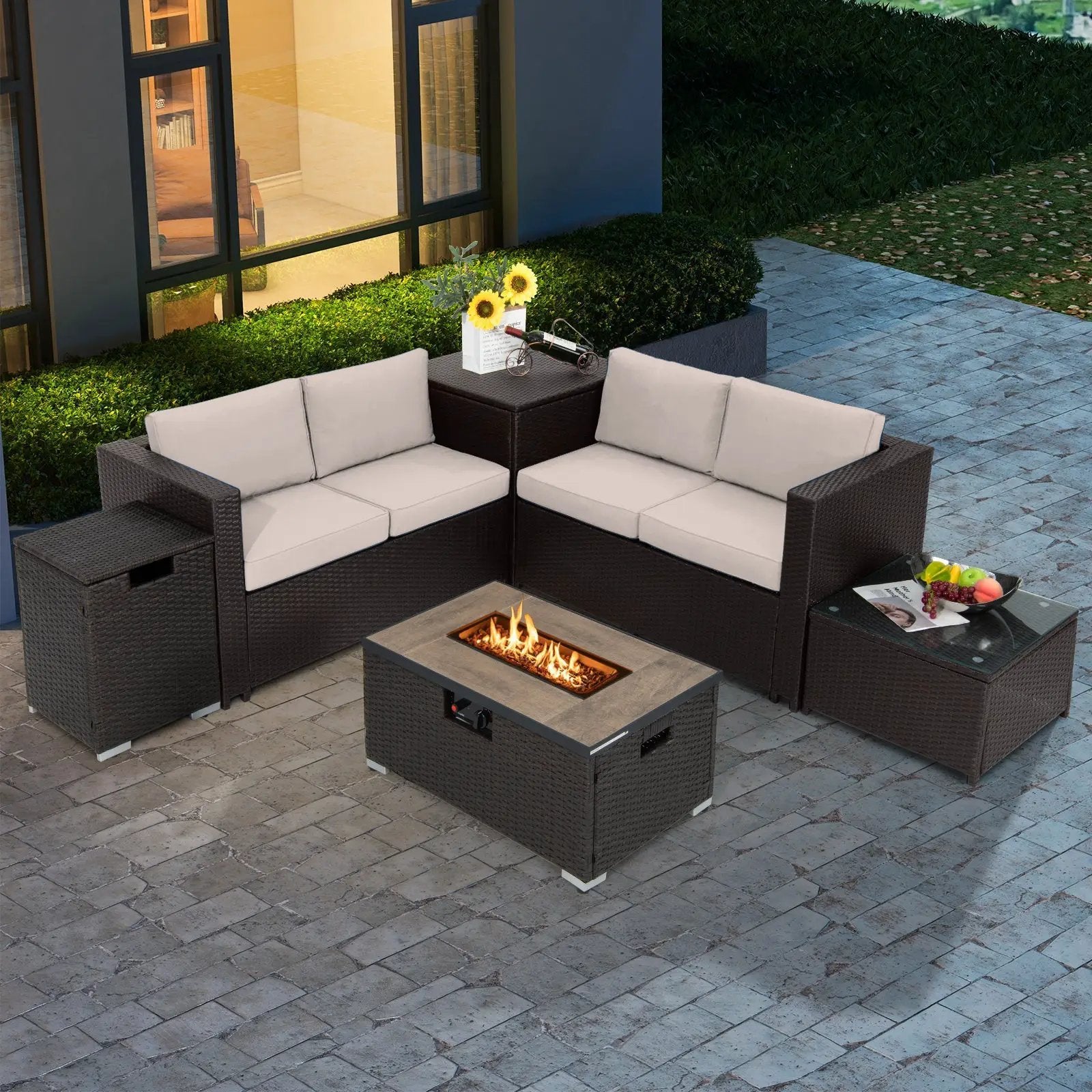 6 Pieces Outdoor Wicker Furniture Set with 32 Inch Propane Fire Pit Table by DirectDeals