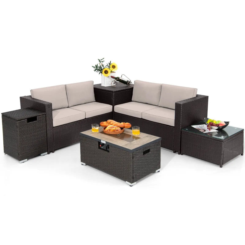 6 Pieces Outdoor Wicker Furniture Set with 32 Inch Propane Fire Pit Table by DirectDeals
