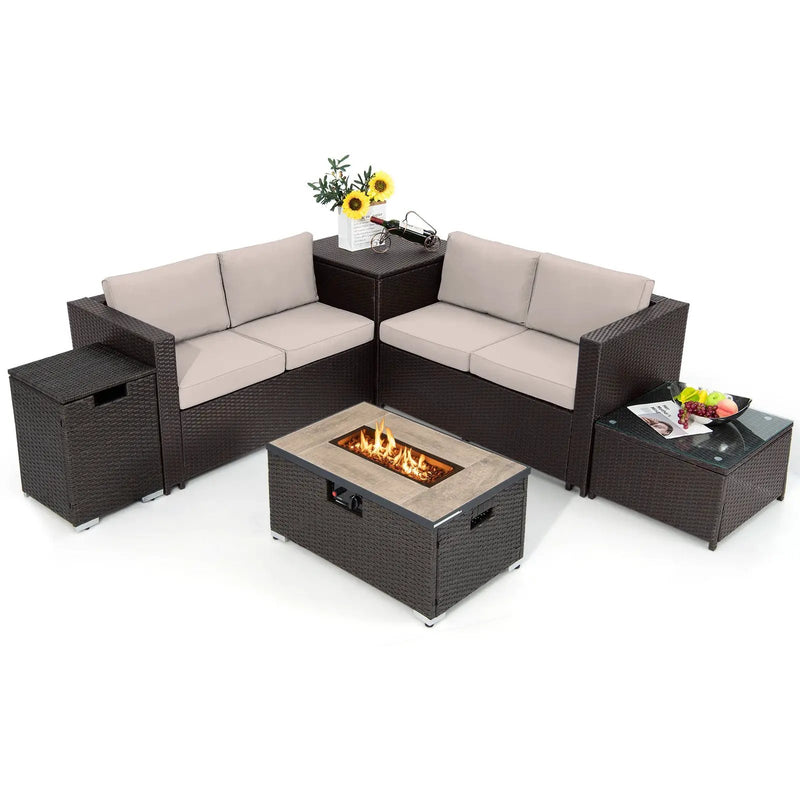 6 Pieces Outdoor Wicker Furniture Set with 32 Inch Propane Fire Pit Table by DirectDeals