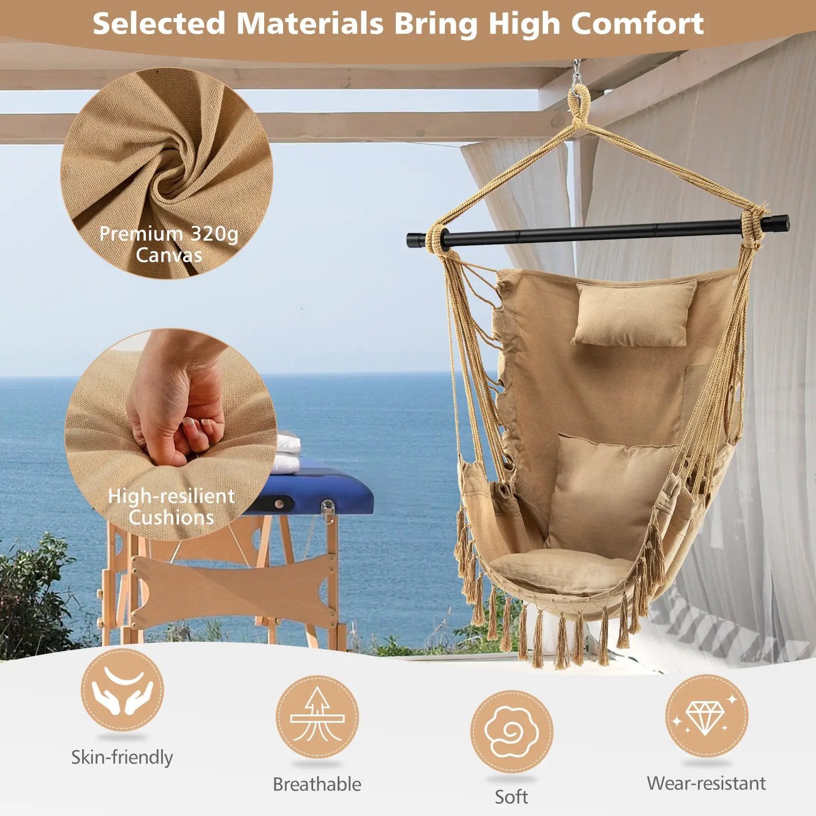 Hanging Rope Swing Chair with Soft Pillow and Cushions by DirectDeals