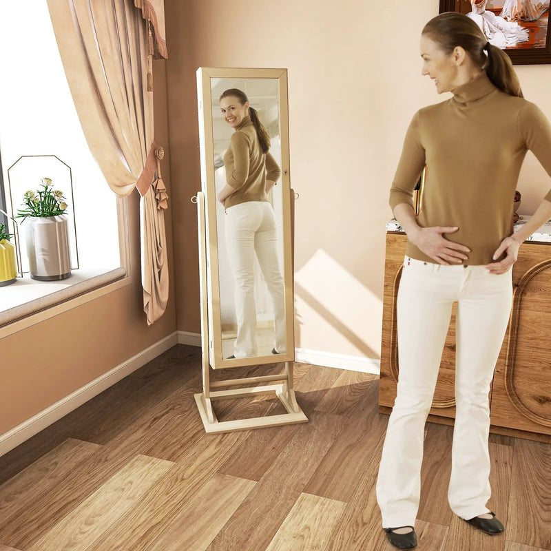 Freestanding Lockable Jewelry Armoire with Full-Length Mirror and 6 LED Lights by DirectDeals
