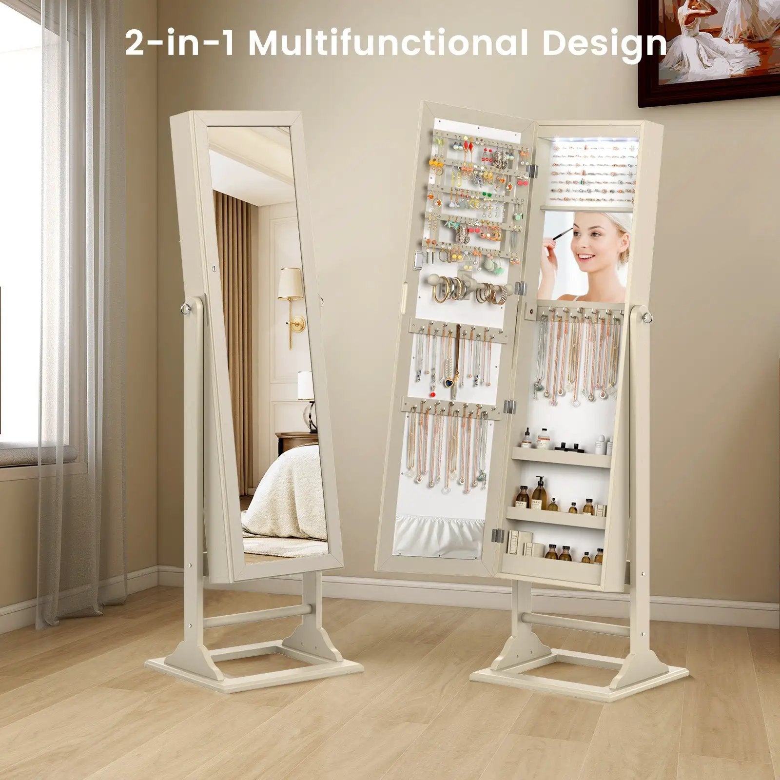 Freestanding Lockable Jewelry Armoire with Full-Length Mirror and 6 LED Lights by DirectDeals