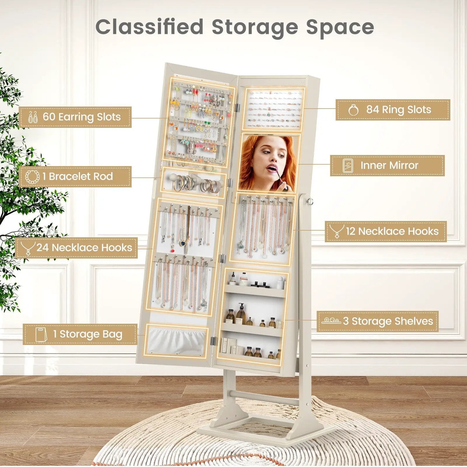Freestanding Lockable Jewelry Armoire with Full-Length Mirror and 6 LED Lights by DirectDeals