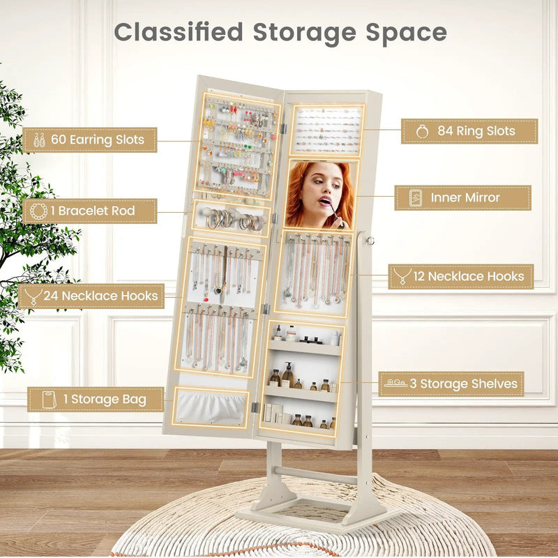 Freestanding Lockable Jewelry Armoire with Full-Length Mirror and 6 LED Lights by DirectDeals