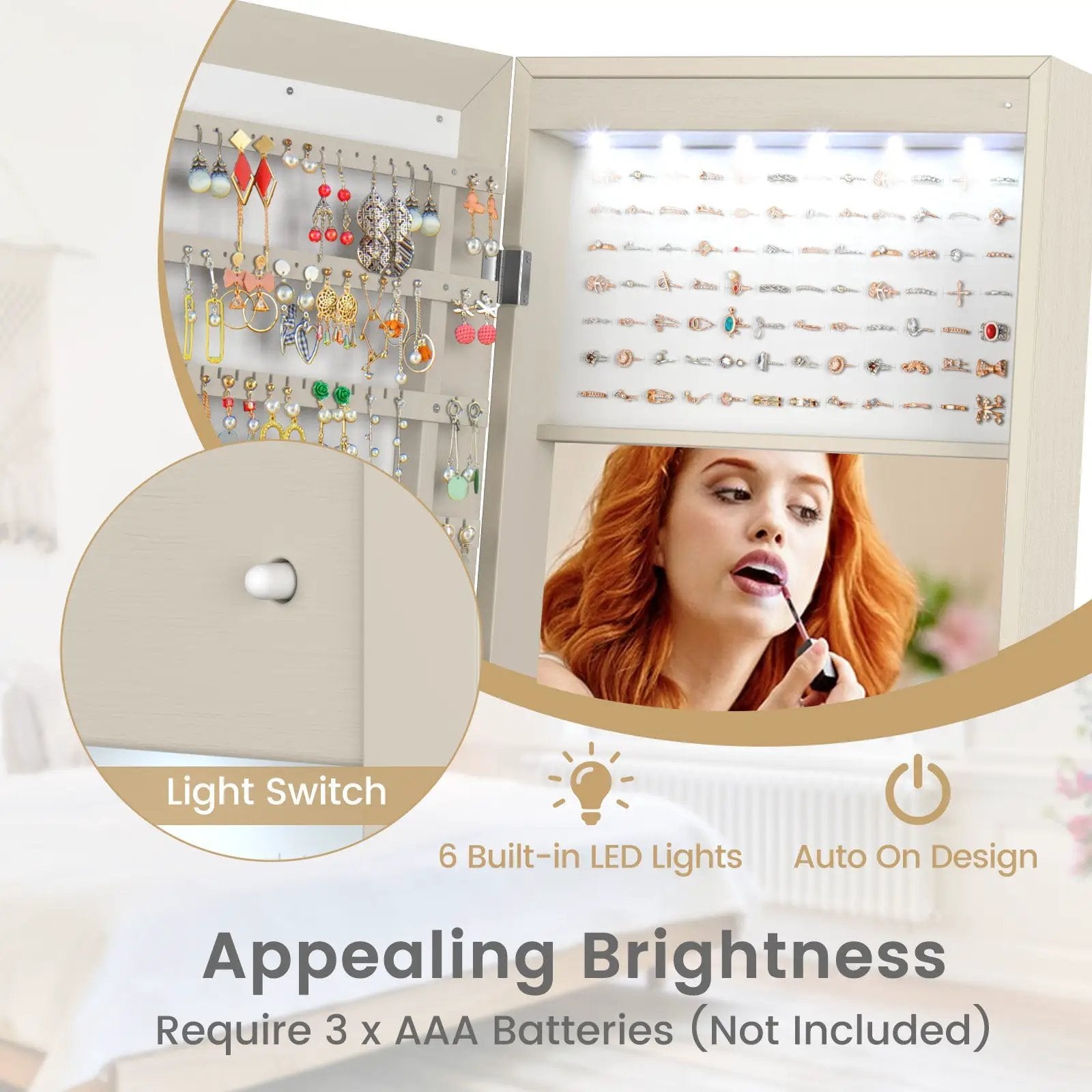 Freestanding Lockable Jewelry Armoire with Full-Length Mirror and 6 LED Lights by DirectDeals