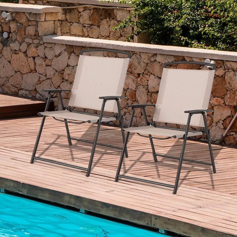 Set of 2 Patio Dining Chairs with Armrests and Rustproof Steel Frame-Beige by DirectDeals