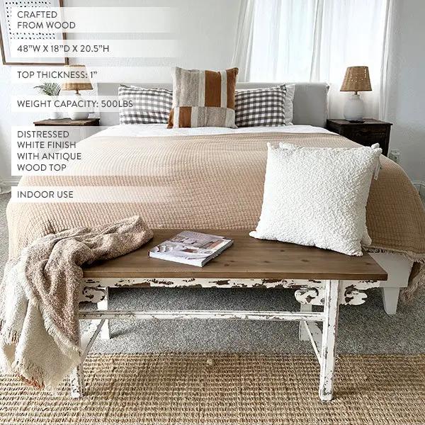 Distressed White Finish Wooden Bench by Decor Steals