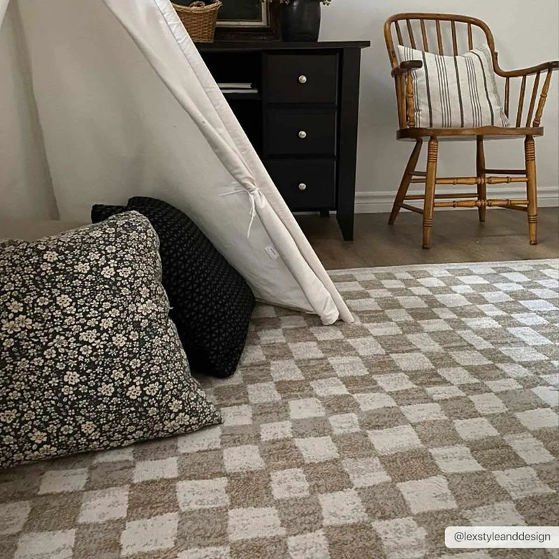 Benjy Cream & Gold Checkered Area Rug by Hauteloom