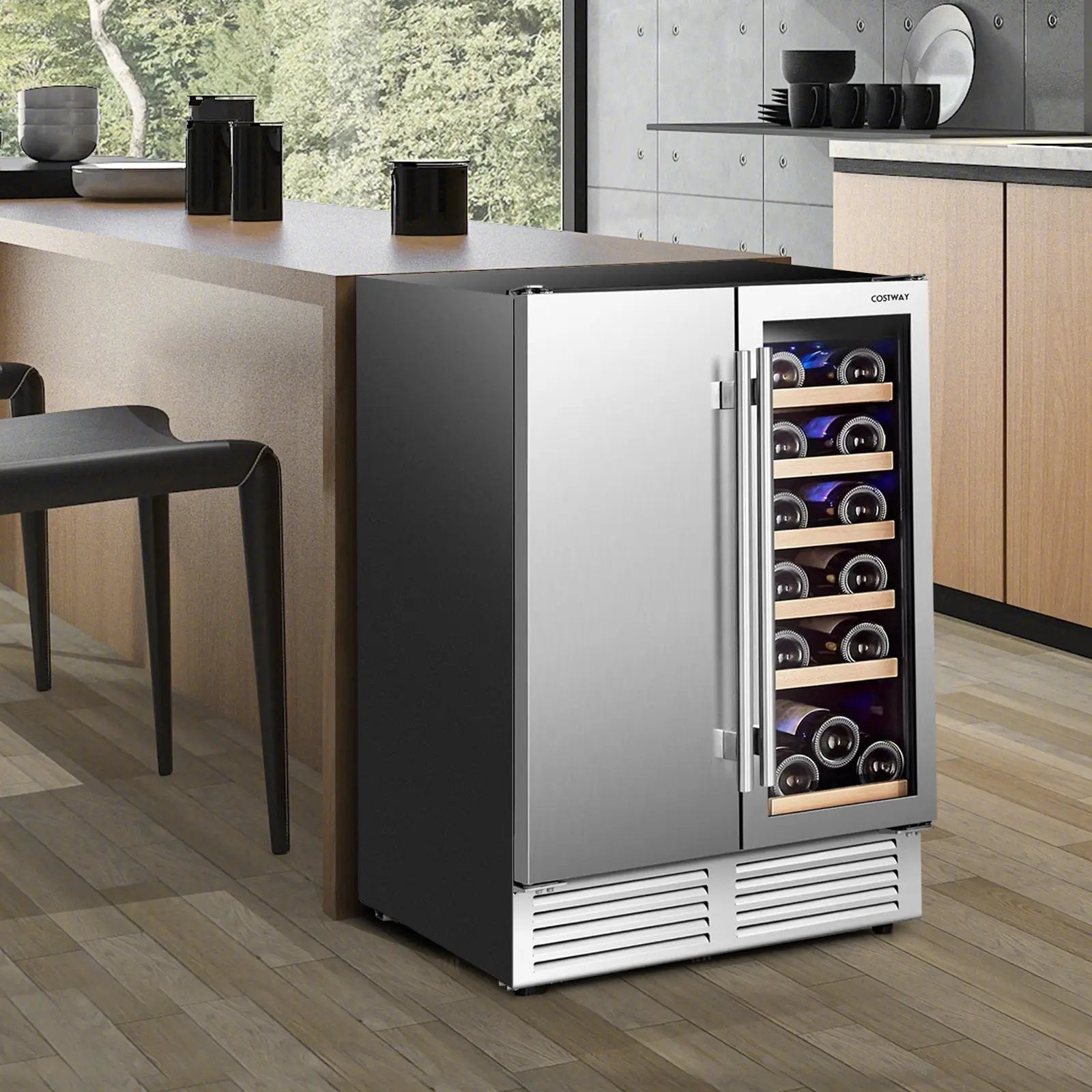 2-in-1 Beverage and Wine Cooler with Independent Temperature Control and LED Lights-Silver by DirectDeals