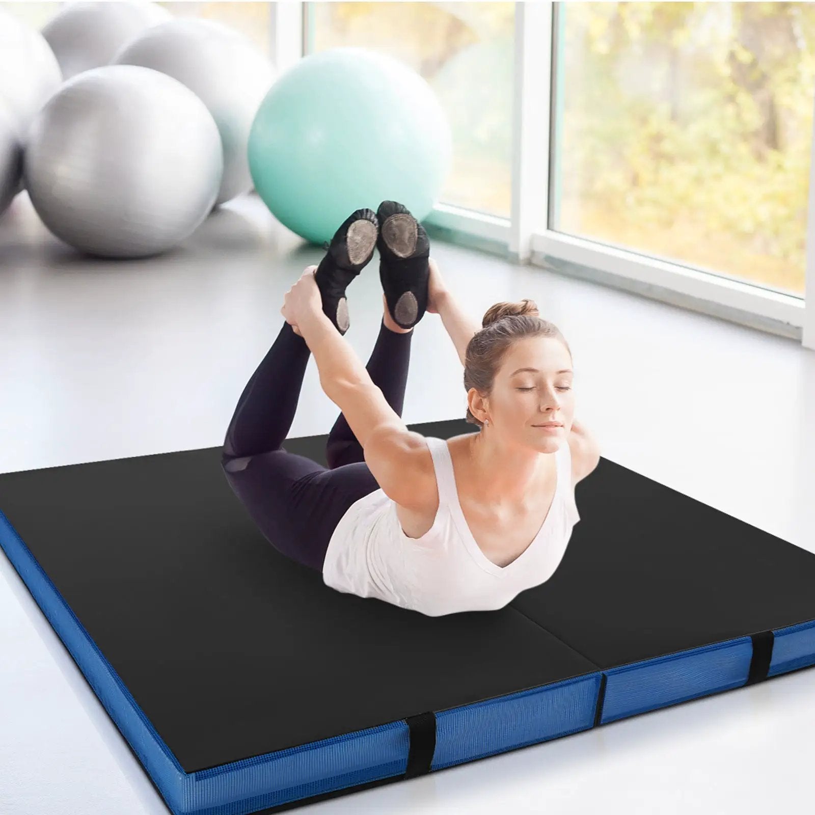 Bi-Fold Gymnastics Mat Thick Folding Exercise Mat with Carrying Handles-Black by DirectDeals