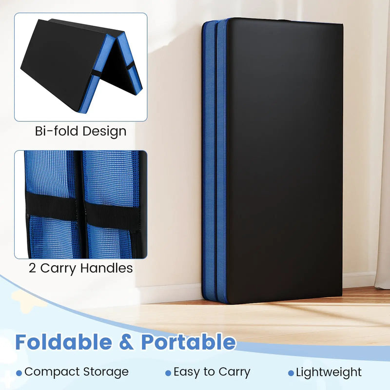 Bi-Fold Gymnastics Mat Thick Folding Exercise Mat with Carrying Handles-Black by DirectDeals