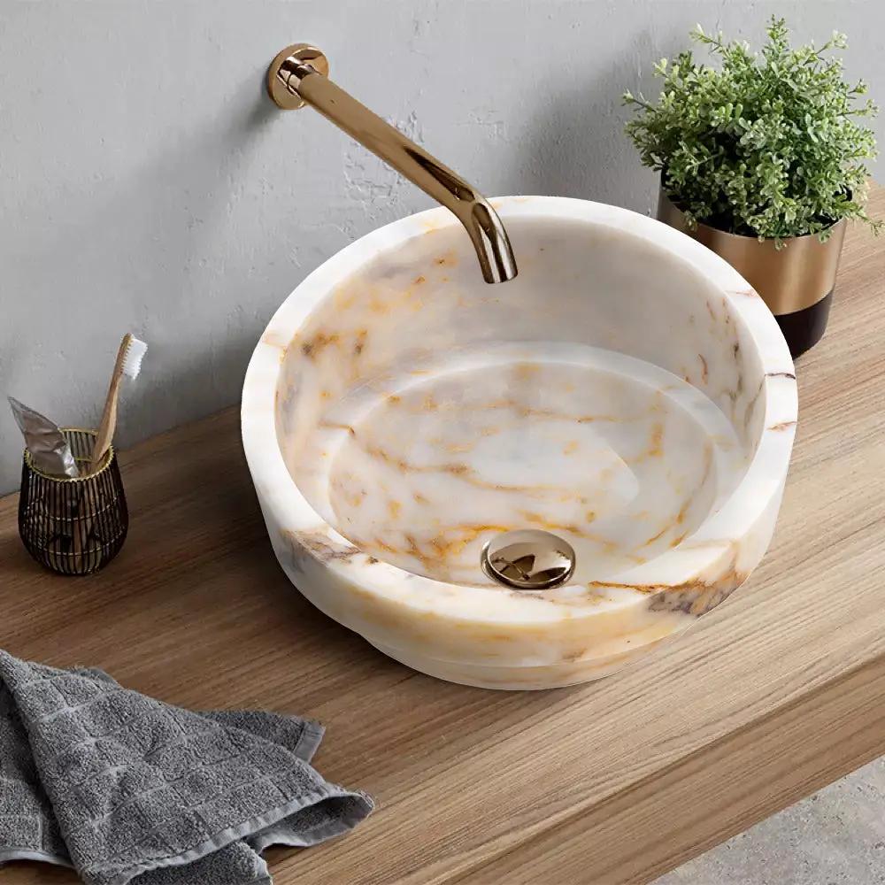 Bianco Giallo Marble Polished Vessel Sink Bowl Handcrafted Turkish Stone 16 x 9 inches by GobekDesign