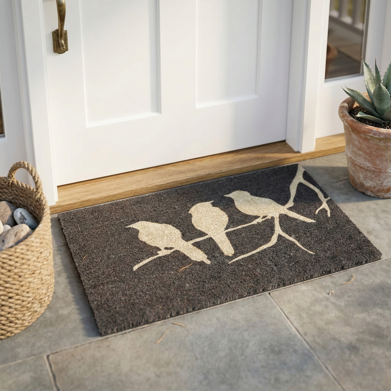 Birds On Branch - Gray Coir Doormat by Fab Habitat