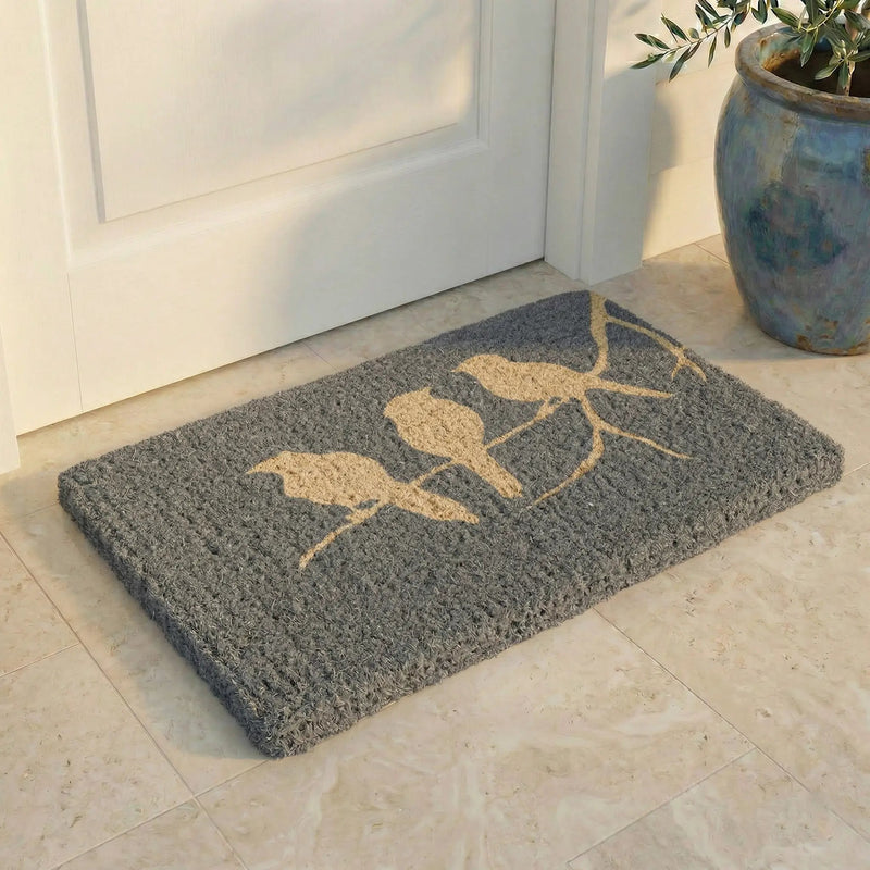 Birds On Branch - Gray Coir Doormat by Fab Habitat