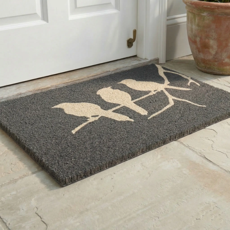 Birds On Branch - Gray Coir Doormat by Fab Habitat