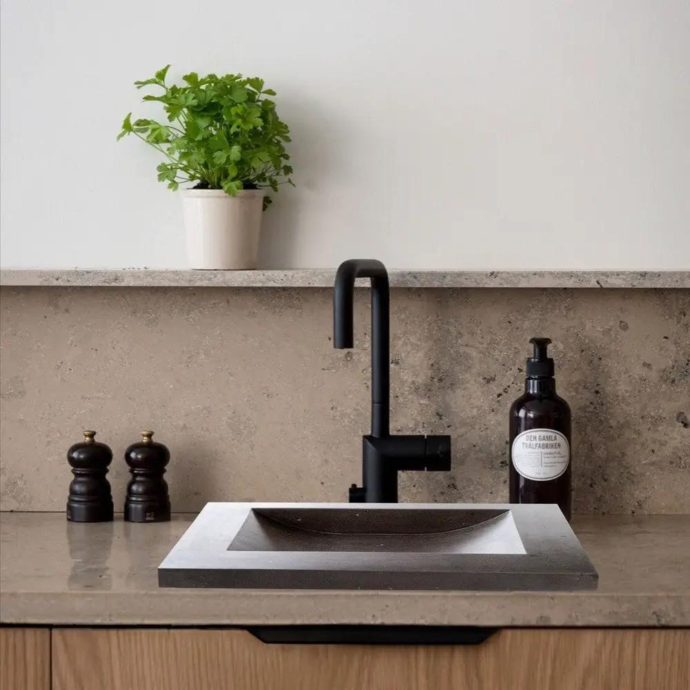 Black Andesite Natural Stone Rectangular Vessel Sink Honed Matte 20x33 by GobekDesign