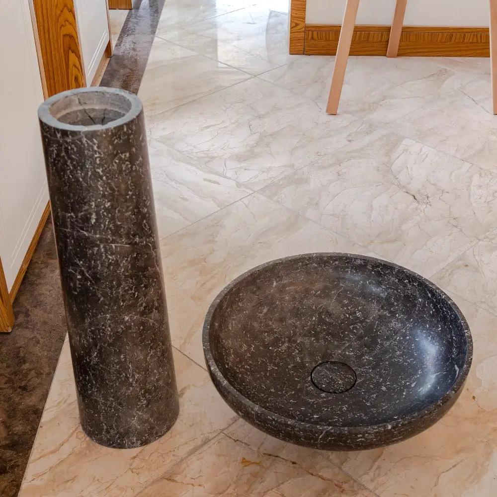 Black Marble Pedestal Round Sink with Polished Finish - 20 Diameter by 33.5 Inches by GobekDesign