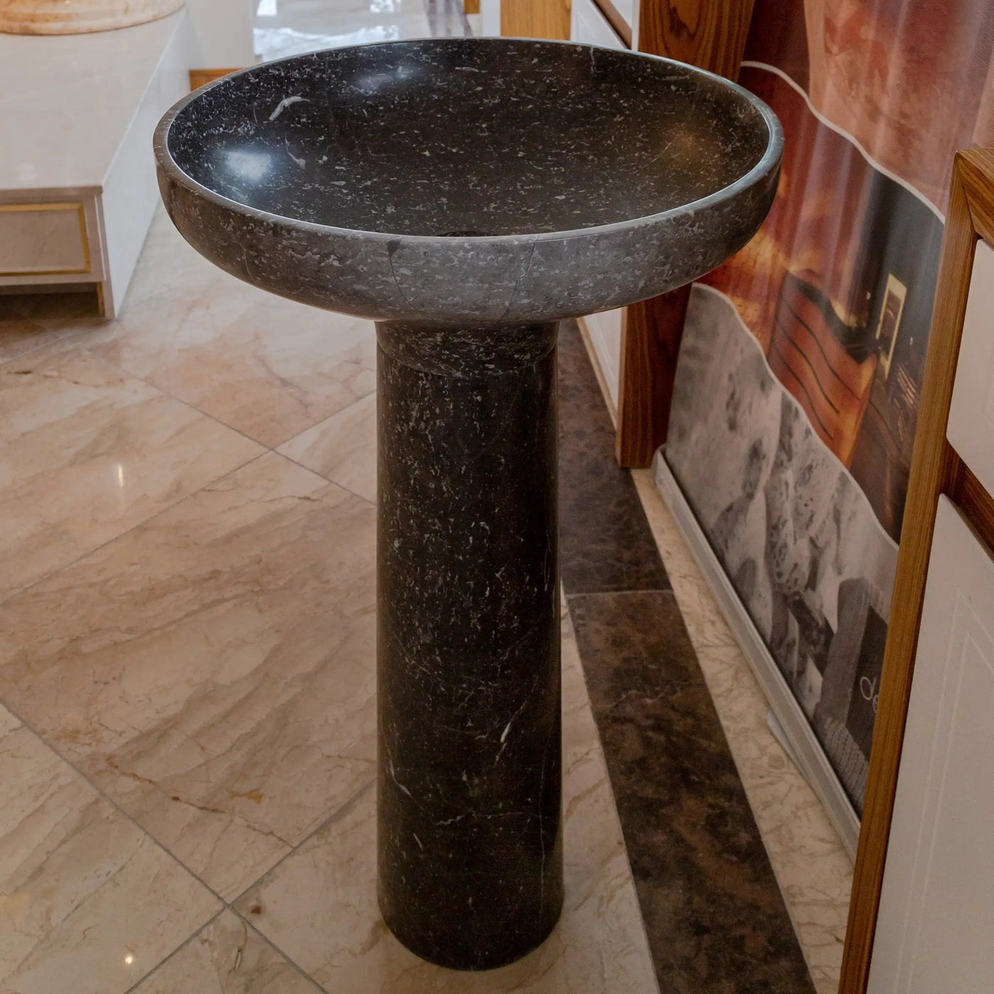 Black Marble Pedestal Round Sink with Polished Finish - 20 Diameter by 33.5 Inches by GobekDesign