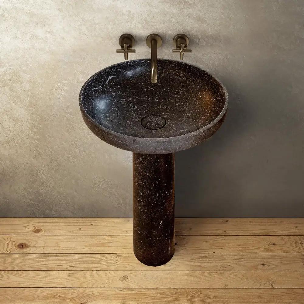 Black Marble Pedestal Round Sink with Polished Finish - 20 Diameter by 33.5 Inches by GobekDesign