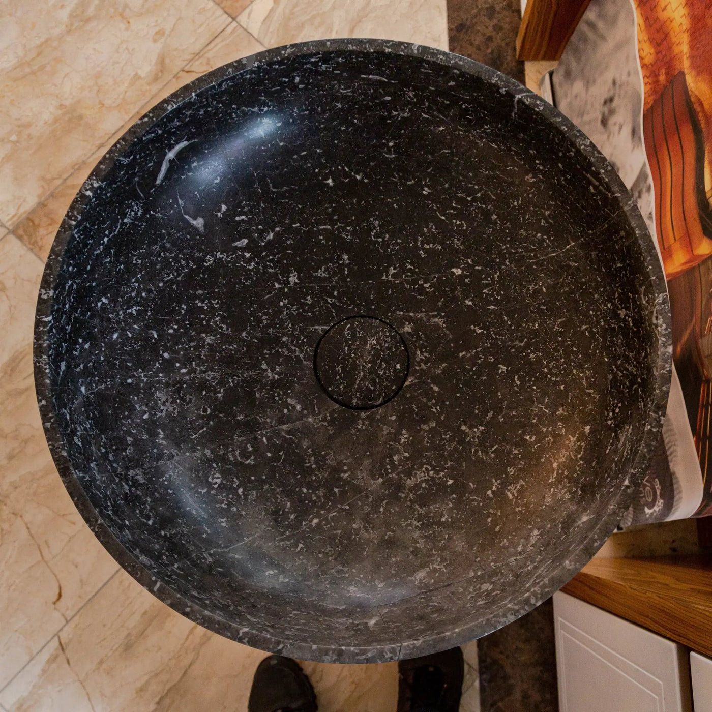 Black Marble Pedestal Round Sink with Polished Finish - 20 Diameter by 33.5 Inches by GobekDesign