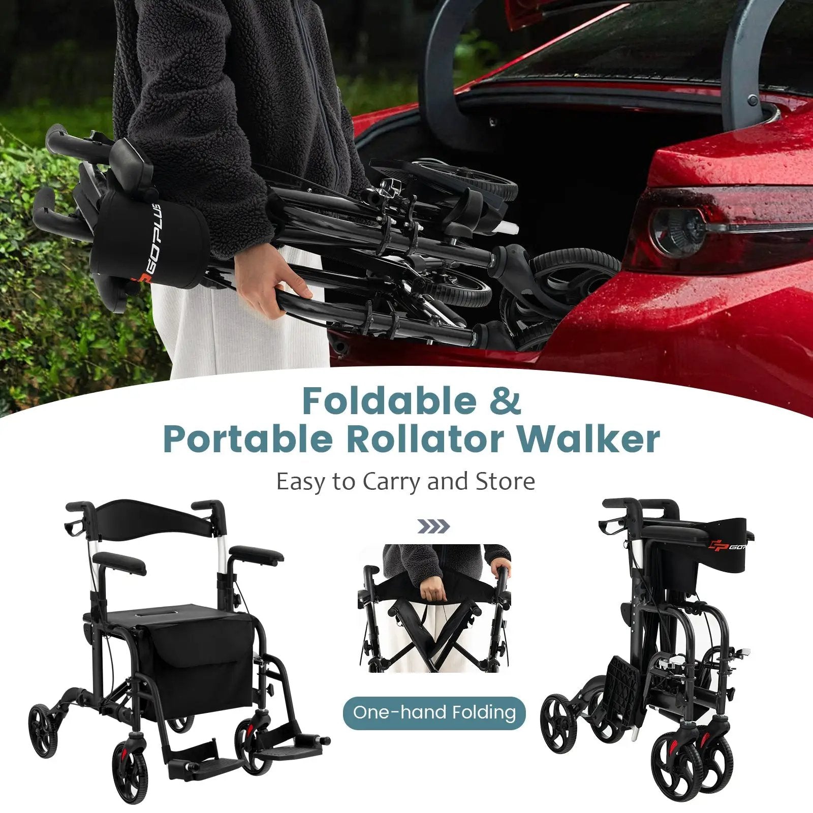 Folding Rollator Walker with Seat and Wheels Supports up to 300 lbs by DirectDeals