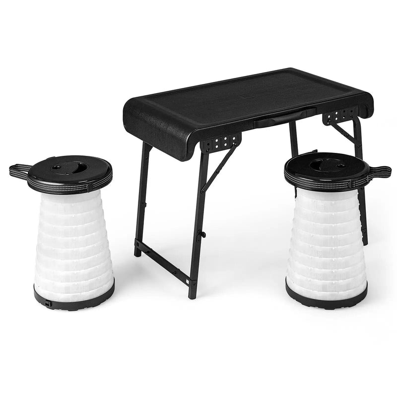 3 Pieces Folding Camping Table Stool Set with 2 Retractable LED Stools-Black by DirectDeals
