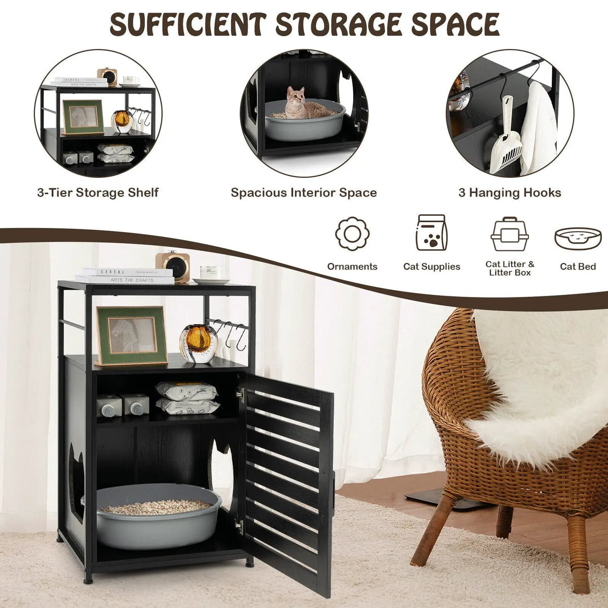 Cat Litter Box Enclosure with Louvered Door and 3-Tier Shelf, photo 12 of 16