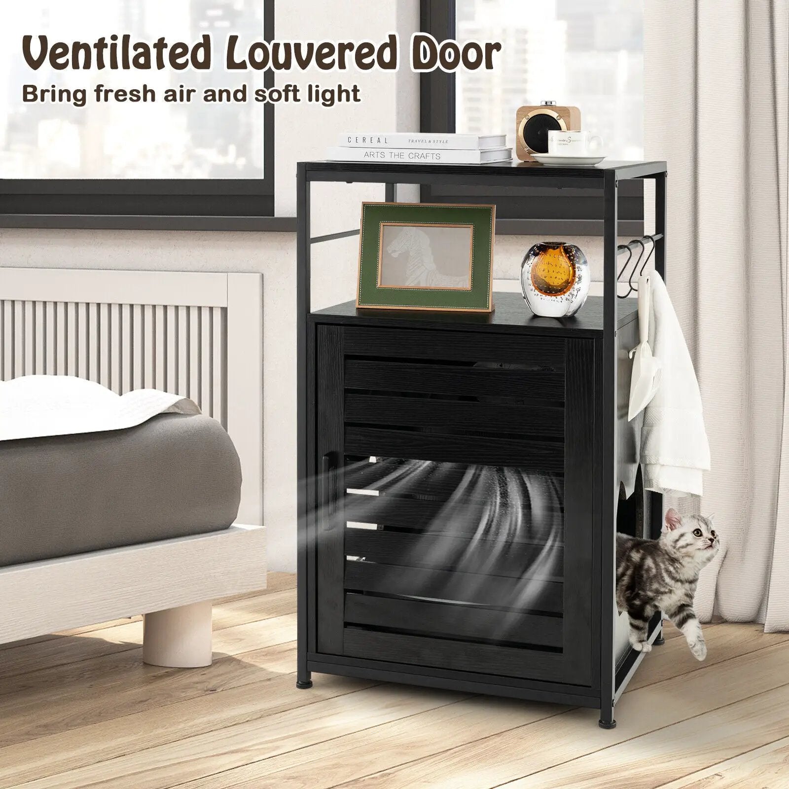 Cat Litter Box Enclosure with Louvered Door and 3-Tier Shelf by DirectDeals