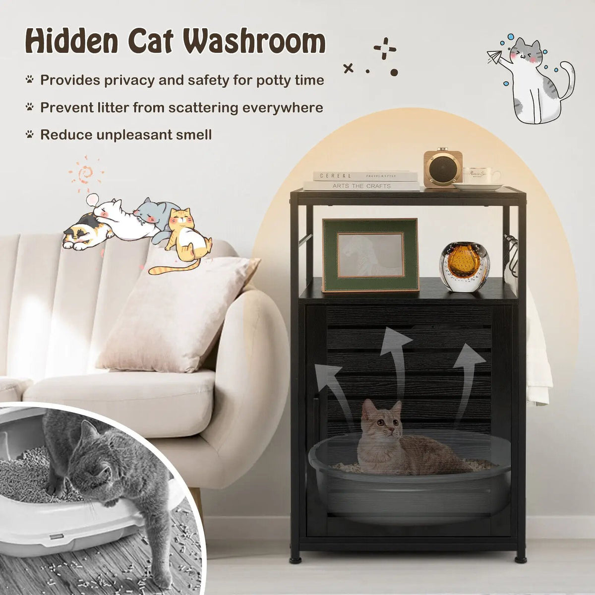 Cat Litter Box Enclosure with Louvered Door and 3-Tier Shelf, photo 16 of 16