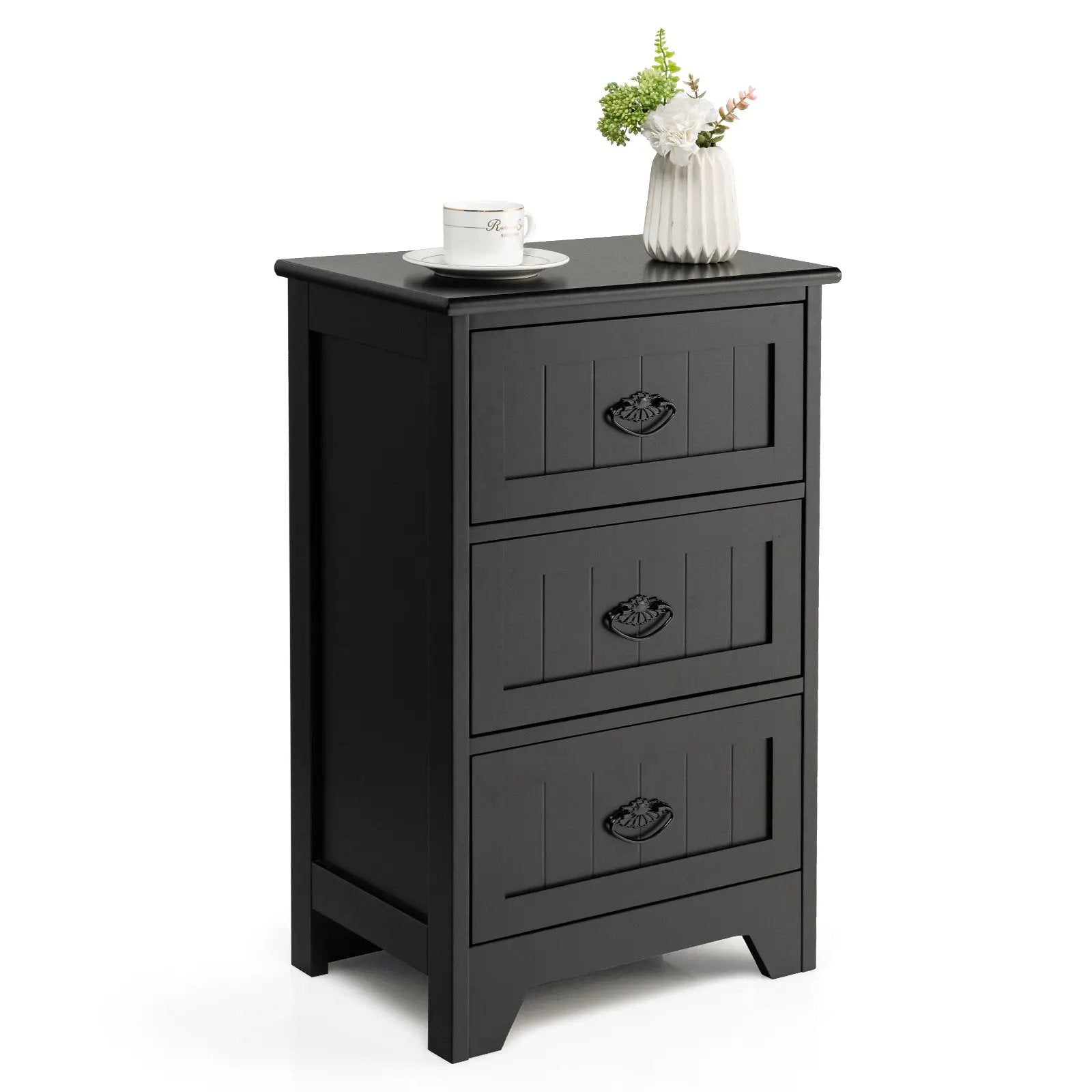 Farmhouse Nightstand with 3 Storage Drawers and Handles by DirectDeals