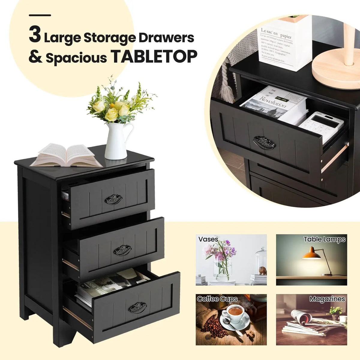 Farmhouse Nightstand with 3 Storage Drawers and Handles, photo 7 of 10