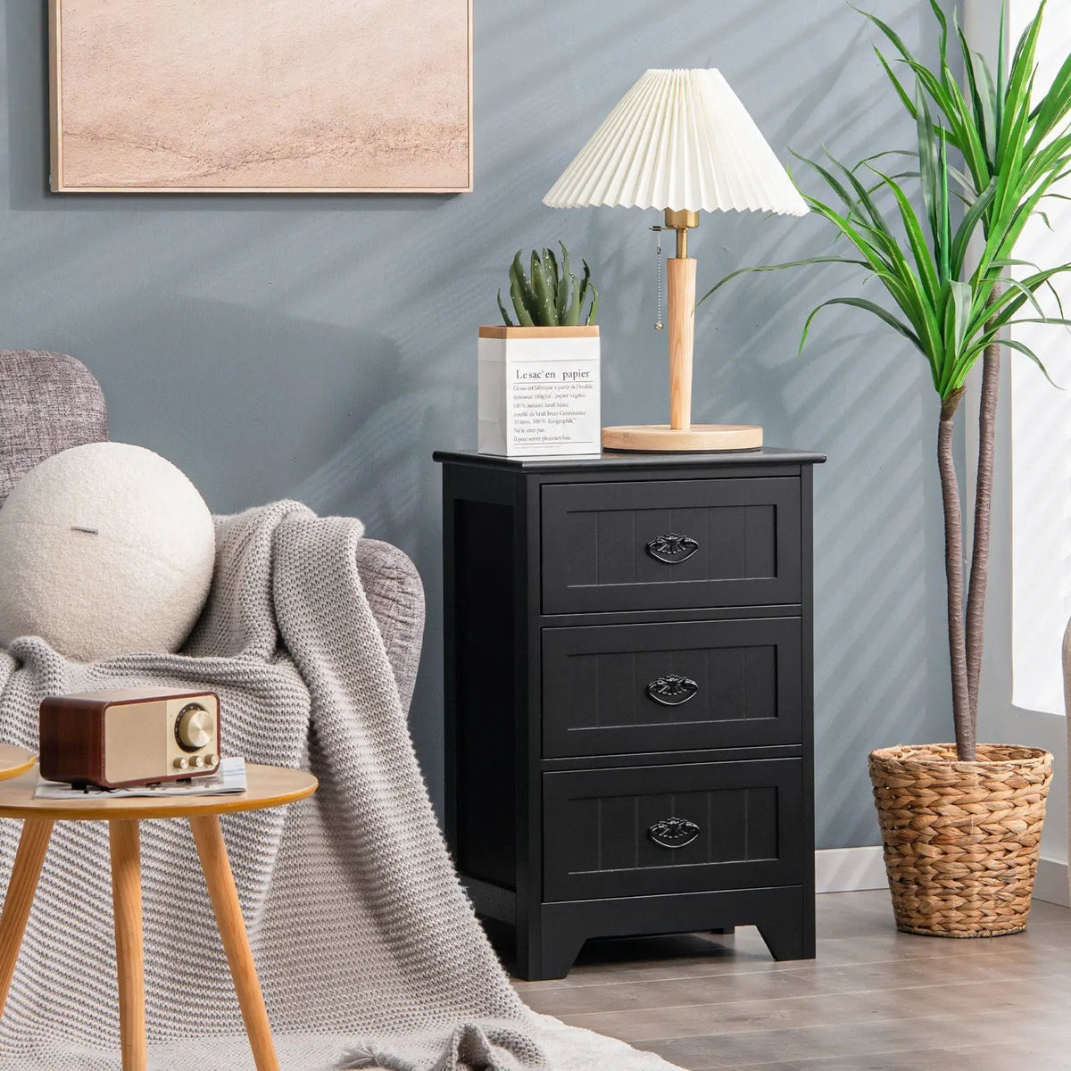 Farmhouse Nightstand with 3 Storage Drawers and Handles