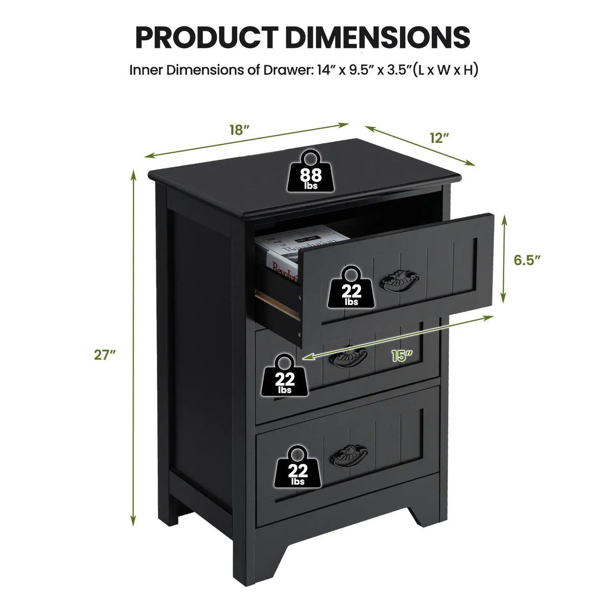 Farmhouse Nightstand with 3 Storage Drawers and Handles, photo 4 of 10